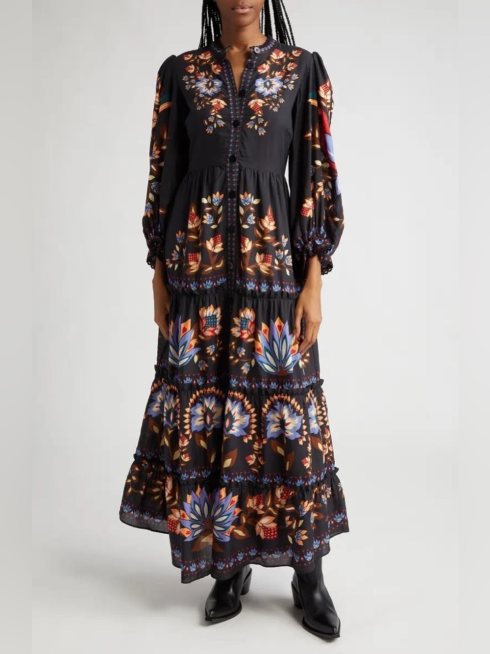 NEW FARM Rio Winter Garden Floral Print Tiered Puff Long Sleeve Maxi Dress Sz M